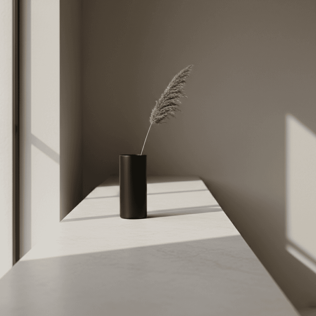 A single dried pampas stem in a dark vessel — quiet, intentional styling.