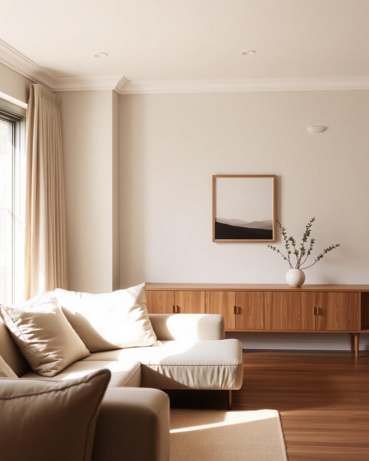 A calm, warm living room with a light sofa, timber cabinetry, and soft natural light